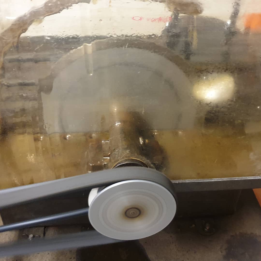 First cut with my lapidary saw I have been fixing up. Super smooth cut! It should polish up really easily! Its amazing how solidly built this little 10" saw is. It has a power feed which gives a really consistent finish. 

I have some petrified wood I've been wanting to cut as well as a couple of damaged nautiloids 🤞

          